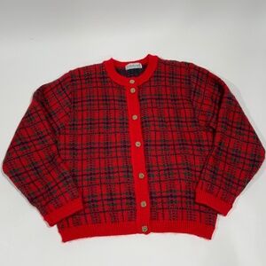 Vintage Edinburgh Red Plaid Mohair Blend Gold Button Cardigan Sweater